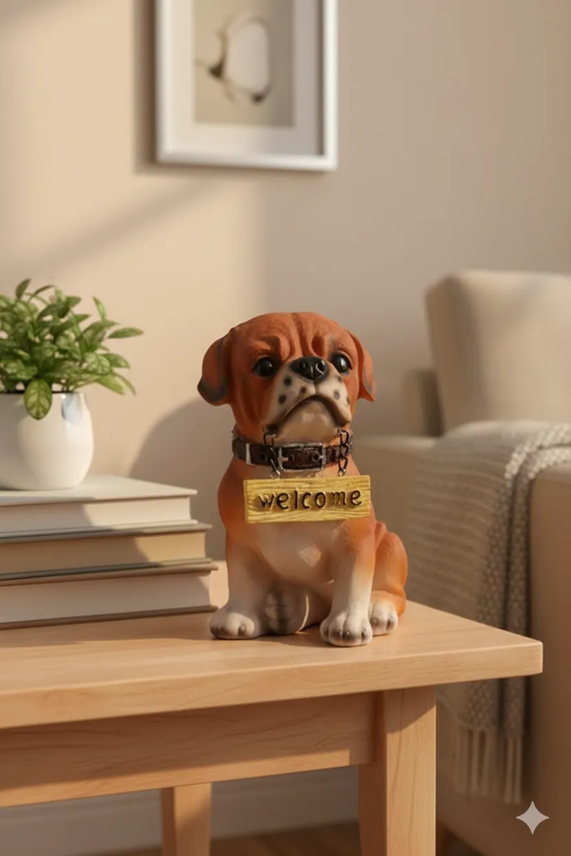 Mini Dog Showpiece Holding welcome plate for Door Entrance Decoration, Car Dashboard, House Warming Gifts for New Home House Warming Party Living Room, Home, Office, Garden Decor (Pack of 1, Brown)